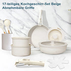 MDHAND 17 pezzi Set di pentole e padelle beige Set di pentole antiaderenti Manico rimovibile con padelle e padelle Set di pentole da cucina
