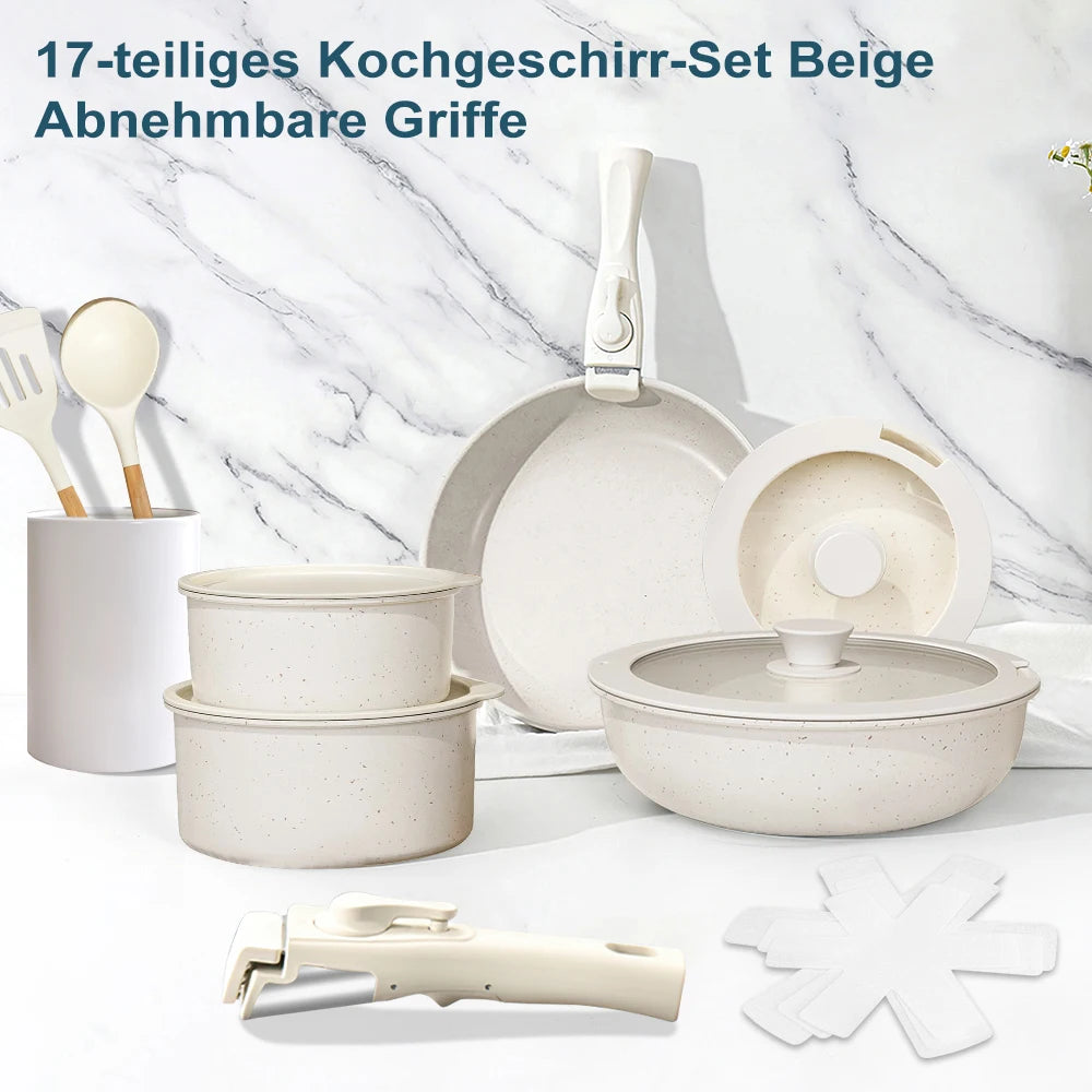 MDHAND 17 pezzi Set di pentole e padelle beige Set di pentole antiaderenti Manico rimovibile con padelle e padelle Set di pentole da cucina