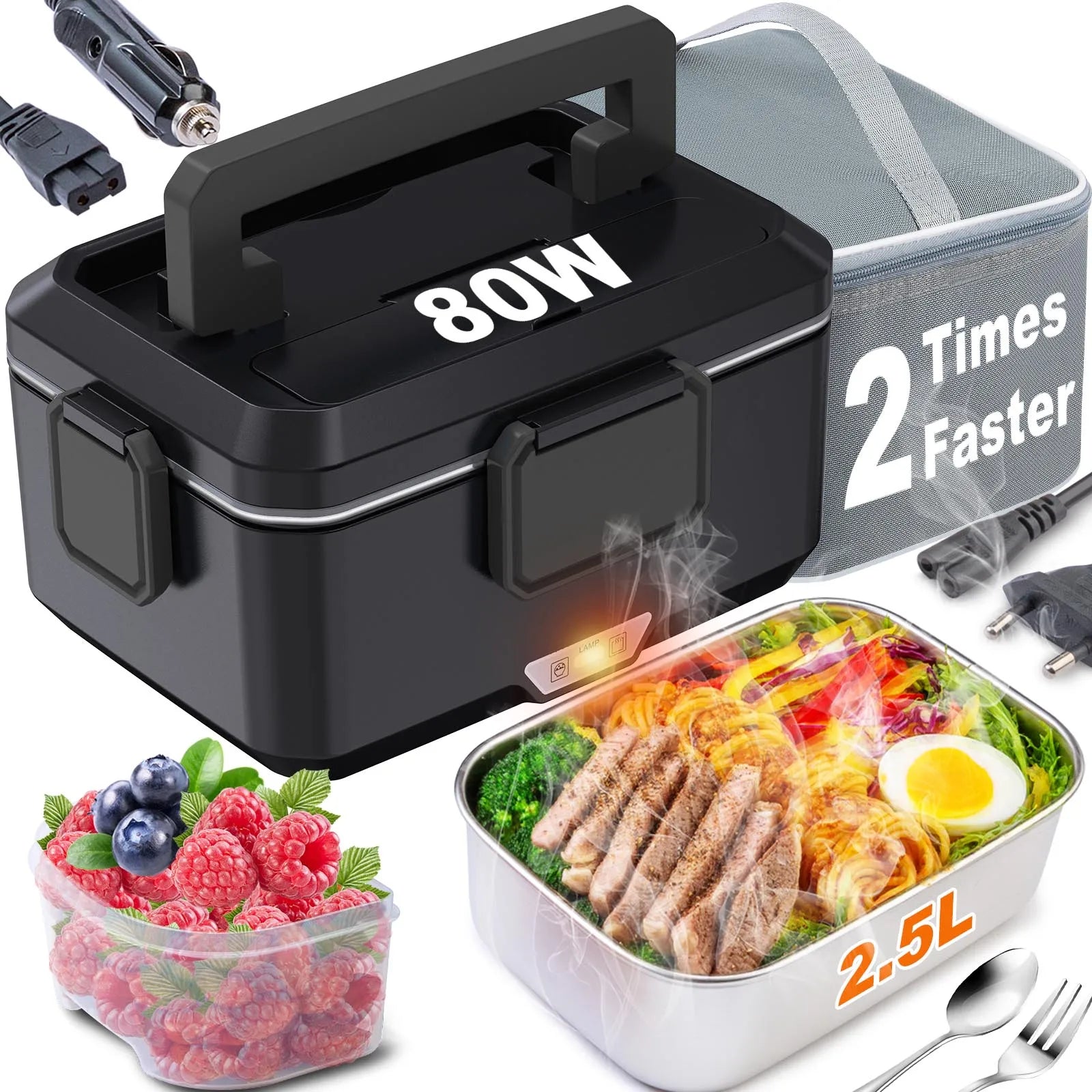 2,5L Elektrischer Tragbarer Speisenwärmer, 80W, Dual-Use 12V Auto und 220V Zuhause, Auslaufsicherer Edelstahl-Thermobehälter mit Isoliertasche und Komplettem Zubehör