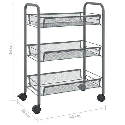 Grey 3-Tier Kitchen Trolley, 46x26x64 Cm, Iron Material, Sturdy and Thick Structure, Layered Organization, Flexible Universal Wheels, Rustproof and Wear-Resistant, Easy Installation, Organizer