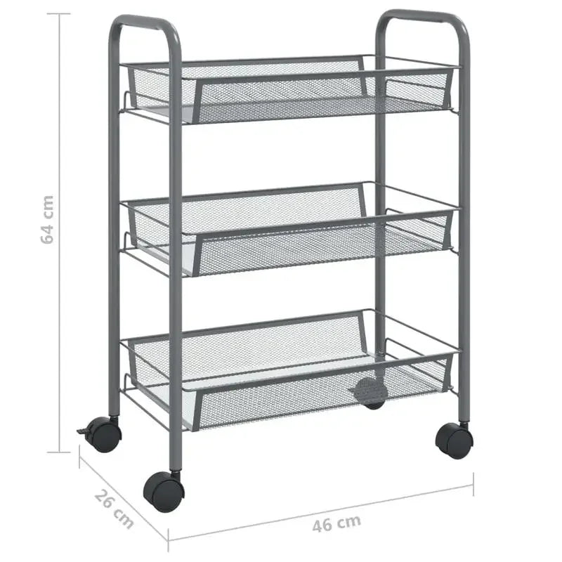 Carrello da Cucina a 3 Ripiani Grigio, 46x26x64 Cm, Materiale in Ferro, Struttura Robusta e Spessa, Organizzazione a Strati, Ruote Universali Flessibili, Antiruggine e Resistente all'Usura, Facile Installazione, Organizzatore
