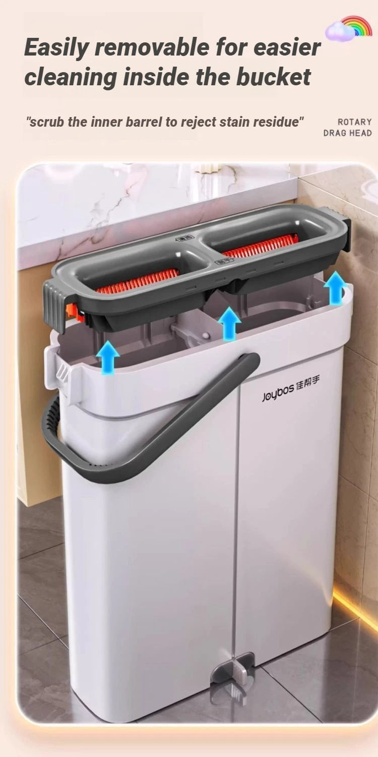 JOYBOS 40cm Flachwischmopp-Set „Hands Free“ mit Eimer, rotierender Bodenreiniger, waschbare Mikrofaser für Bad, WC und Zuhause
