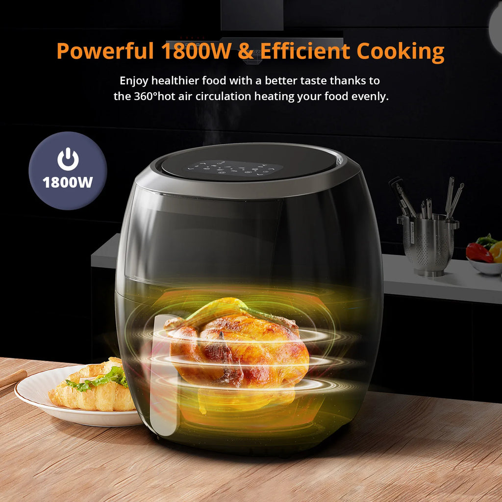 8L digitale Heißluftfritteuse – schnelles Garen 1800W, Touchpanel, 8 voreingestellte Programme, 360° Zirkulationstechnologie, ölfrei, antihaftbeschichtet, spülmaschinenfest, Familiengröße, schwarz