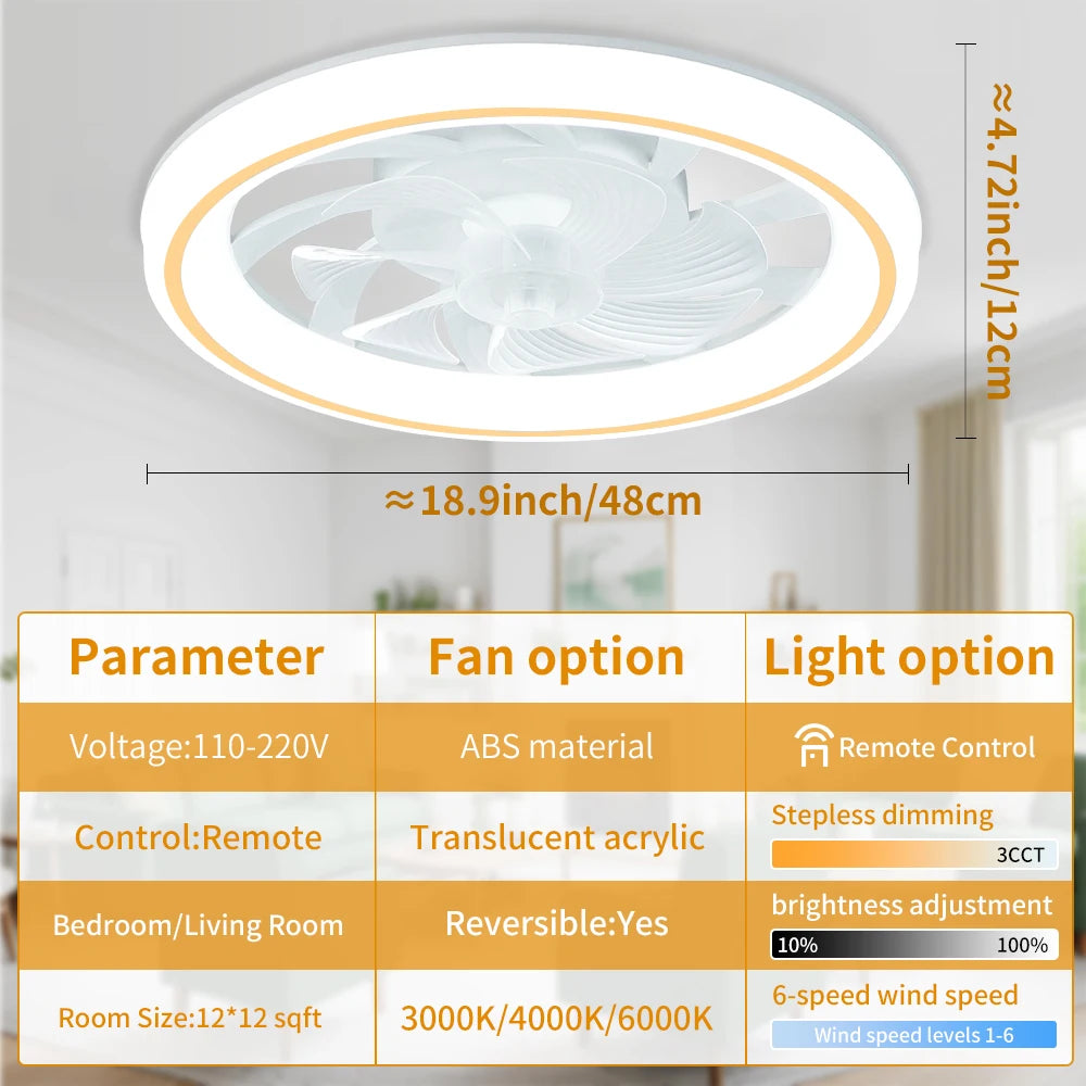 Ventilatore da Soffitto Intelligente con Telecomando e Luce Dimmerabile, Moderno per Camera da Letto, Silenzioso con LED