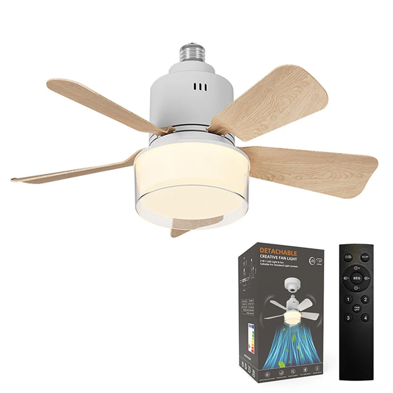 Ventilatore da soffitto E27 con luce, 4 velocita, 3 temperature di colore, telecomando, bianco/legno
