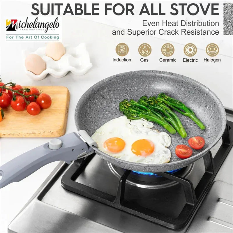 MICHELANGELO Set di padelle antiaderenti con manico rimovibile Pentola in alluminio con rivestimento in granito Padella per uova Set di pentole
