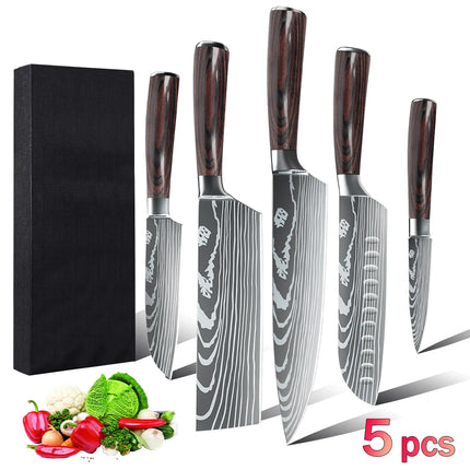 Set of 5 kitchen knives with laser Damask pattern, 7Cr17 steel, sharp, rust-resistant, wooden handle, gift box with fastening strap