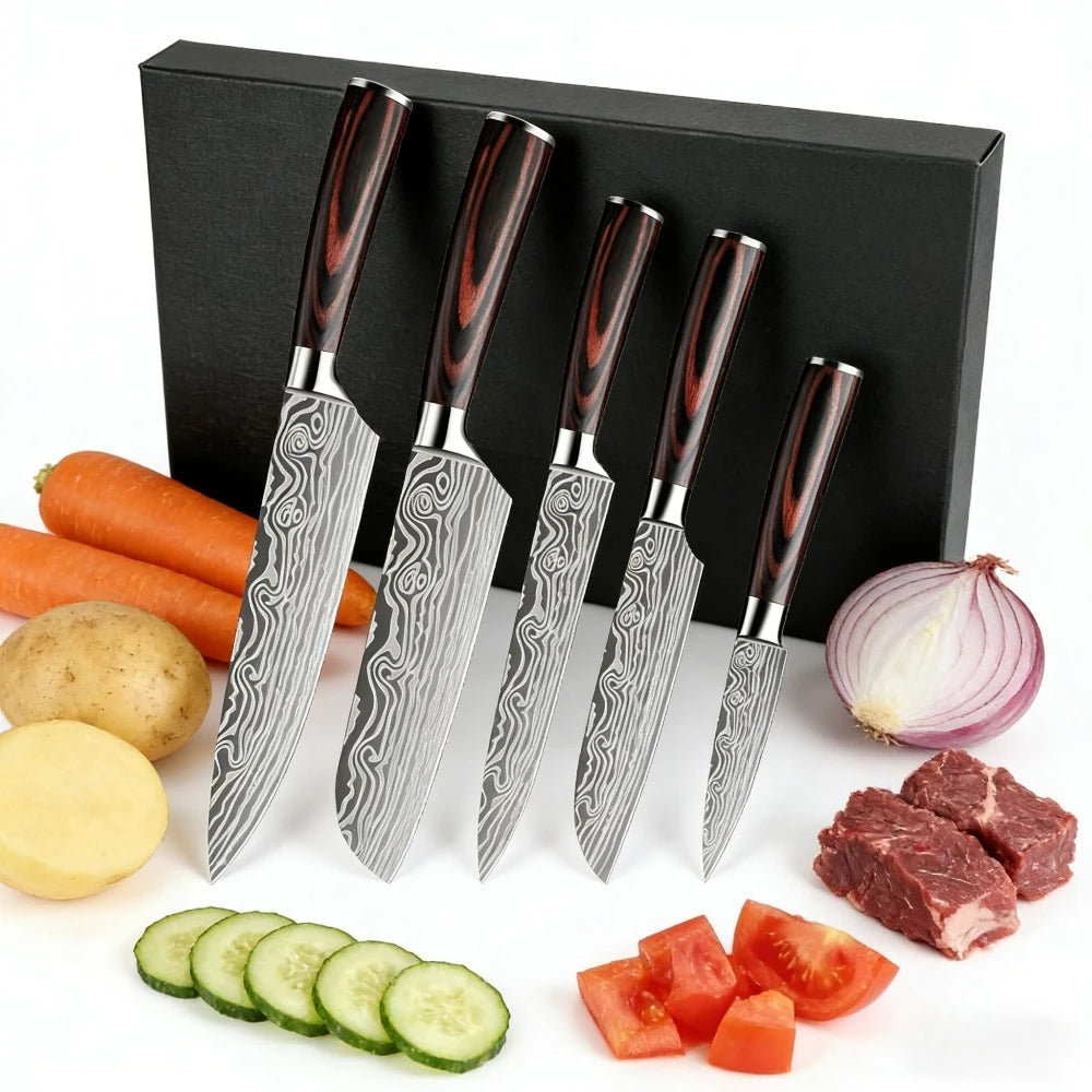 Professionelles 8-Zoll-Kochmesser aus 7CR17-Stahl mit Laser-Damastmuster, Pakka-Holzgriff, Küchenmesser mit Scheide und Geschenkbox