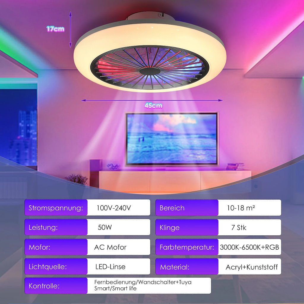 Ventilatore da soffitto Oyajia 50W con luce LED RGB dimmerabile e telecomando