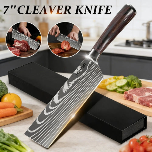 ZENG Professionelles 7-Zoll-Kochmesser – ultrascharf und langlebig, Edelstahl mit Holzgriff und lasergravierter Damast-Optik, mit Geschenkbox