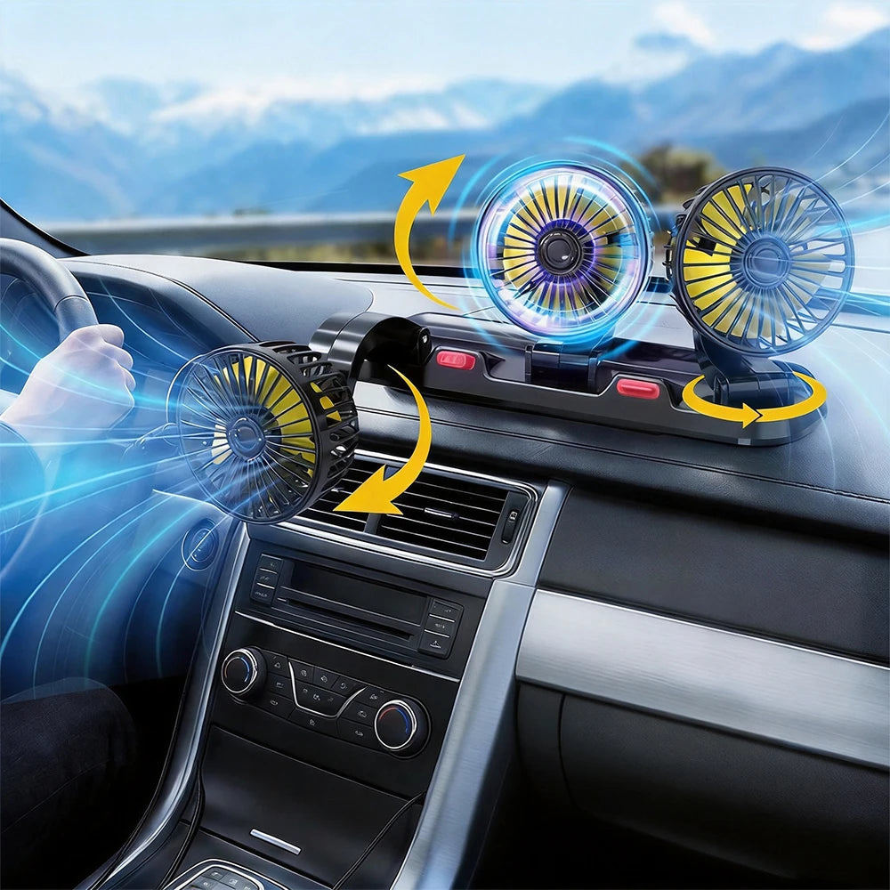Ventilatore per Auto a 3 Teste con Rotazione a 360° °   Ventilatore Rotante a Basso Rumore con 2 Livelli di Velocità – Presa Accendisigari 12V – Flusso d'Aria Rapido e Potente per Berlina, SUV, Camion, Furgone – Incl
