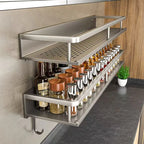 Scaffale di stoccaggio multifunzionale da cucina di lusso leggero, portaspezie a parete, condimento senza fori, portaoggetti da parete in acciaio inossidabile