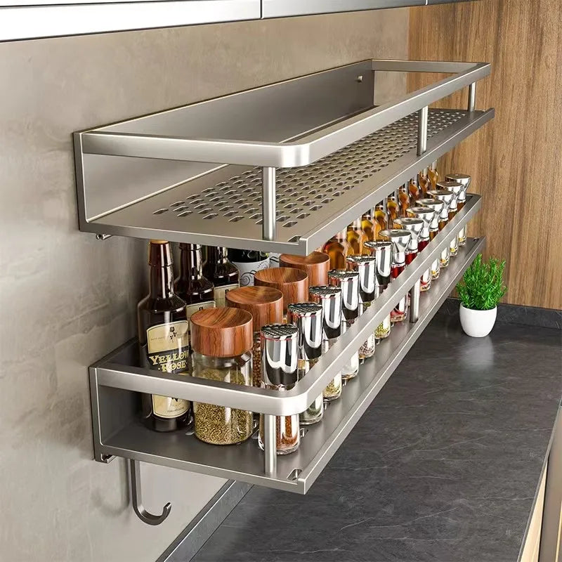 Scaffale di stoccaggio multifunzionale da cucina di lusso leggero, portaspezie a parete, condimento senza fori, portaoggetti da parete in acciaio inossidabile