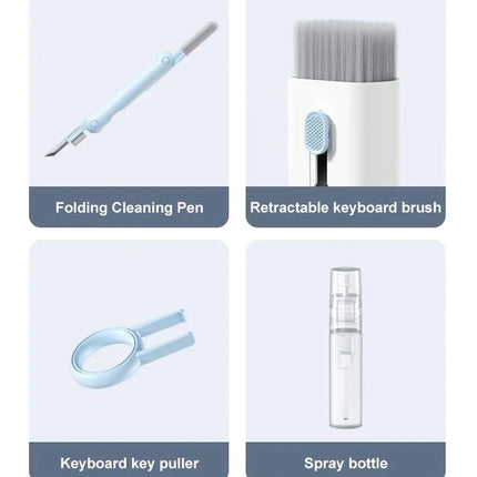 Kit 7 in 1: spazzola per la pulizia della tastiera del computer, penna per la pulizia degli auricolari, strumenti per la pulizia della tastiera, kit estrattore di copritasti, detergente