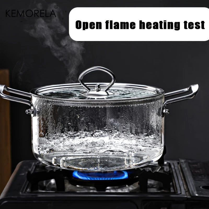 KEMORELA 1 STÜCK Glas Topf 2.5L/3.5L Hitzebeständiger Simmertopf Doppelgriff Töpfe mit Topfdeckel Borosilikatglas-Kochgeschirr