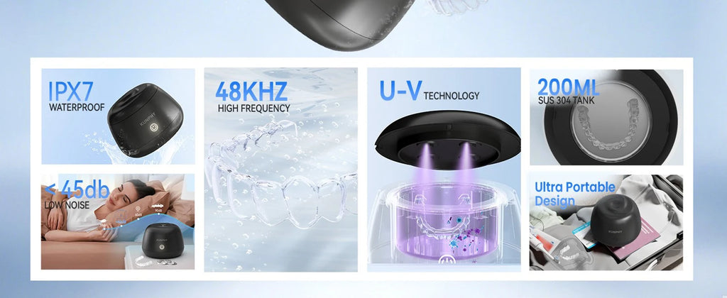 KUNPHY Dental Pod Ultraschallreiniger für Retainer, UV-Licht-Sterilisator für Aligner, Nachtschienen, Mundschutz, Zahnprothesenreiniger