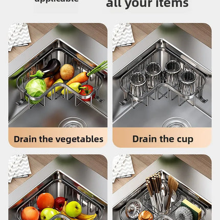 Carbon Steel Kitchen Sink Drain, Wall-Mounted Corner Rag Storage Rack, No Drilling, Waterproof Space Saver