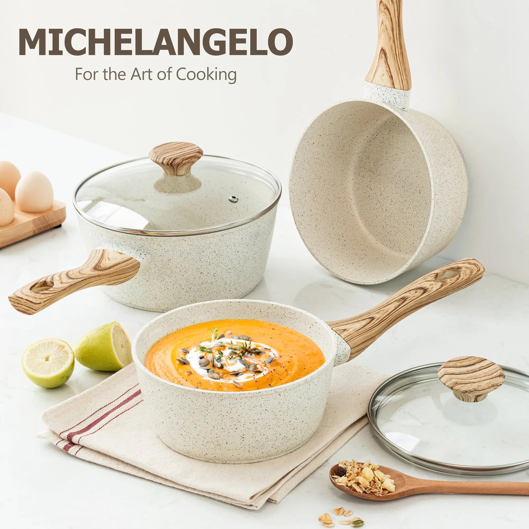 MICHELANGELO 3 Pz/set StickPot Casa Antiaderente Rivestito di Granito Padella con Manico Anti-Scottatura Fornello A Induzione Zuppa Pentola Utensili Da Cucina