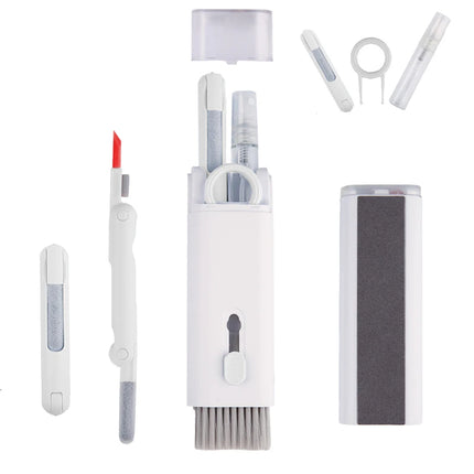 Kit 7 in 1: spazzola per la pulizia della tastiera del computer, penna per la pulizia degli auricolari, strumenti per la pulizia della tastiera, kit estrattore di copritasti, detergente
