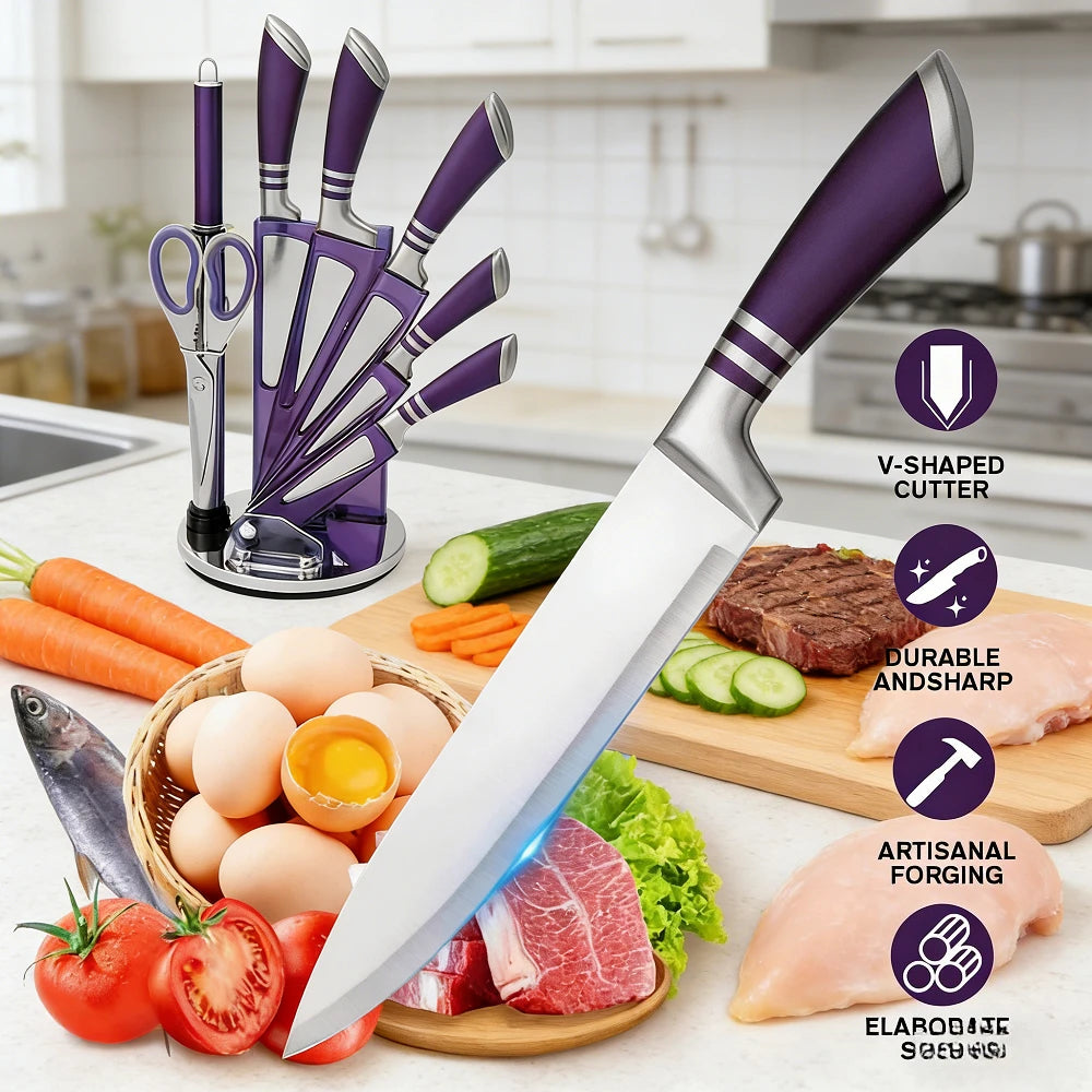 9-teiliges lila Küchenmesserset, scharf und verschleißfest, aus 3CR13-Edelstahl, mit ergonomischem Hohlgriff, Chefmesser-Set mit Geschenkverpackung