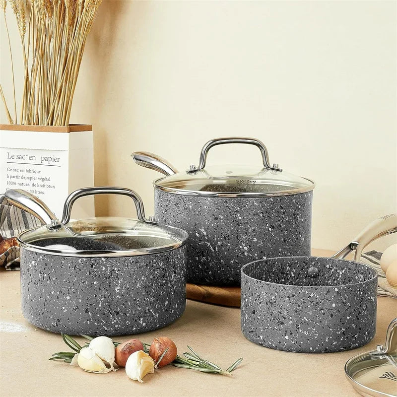HLAFRG 3 pz/set Pentola Premium Durevole Rivestimento in Granito Pentola per Zuppa Pentola per Latte Domestico con Coperchio in Vetro per Fornello a Induzione Utensili da Cucina