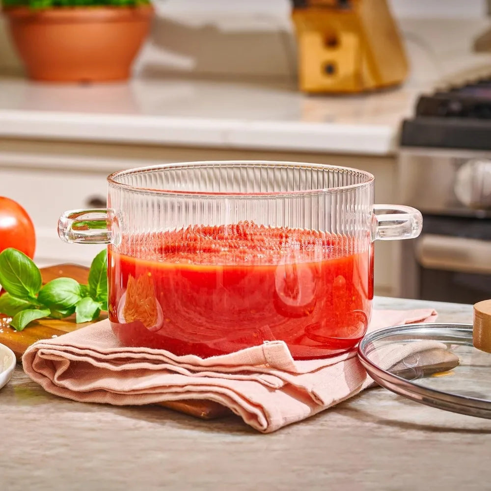 Topf aus Glas mit Deckel, hitzebeständiger 1,6-Liter-Suppentopf aus Glas mit Doppelgriff, Küchenkochgeschirr