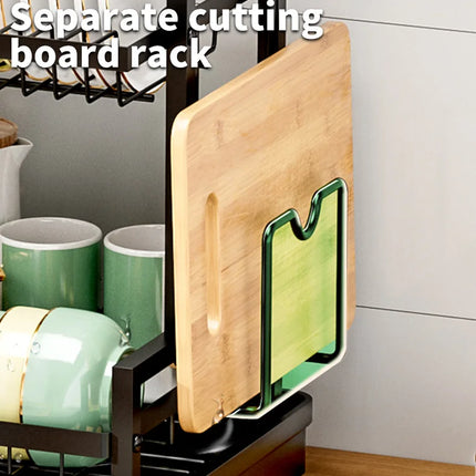 Space-saving 2-tier dish rack with cutlery holder and storage box with removable drip tray for apartment kitchen