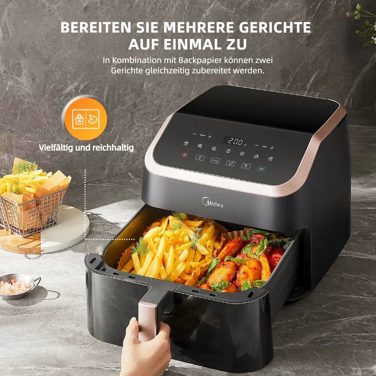 Midea XXL Heißluftfritteuse 8,5 L - 8-in-1, mit Sichtfenster, bis zu 200°C, ölfrei, spülmaschinenfest, Schwarz/Roségold.