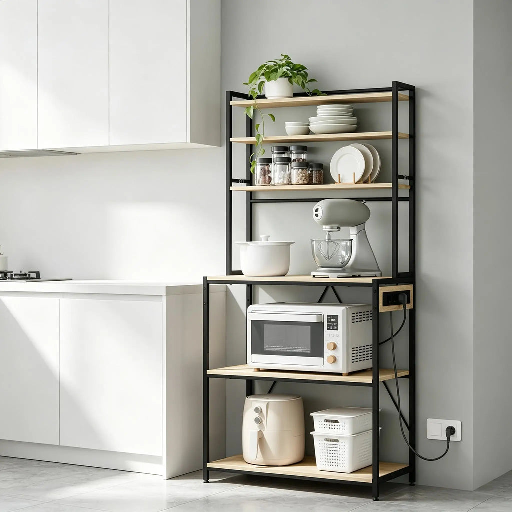 Modernes Ausstellungsregal, Kaffeestation, Küchenregal mit Steckdosen, Küchenschrank – Mini-Arbeitsstation für Kaffee und Geräteorganisation