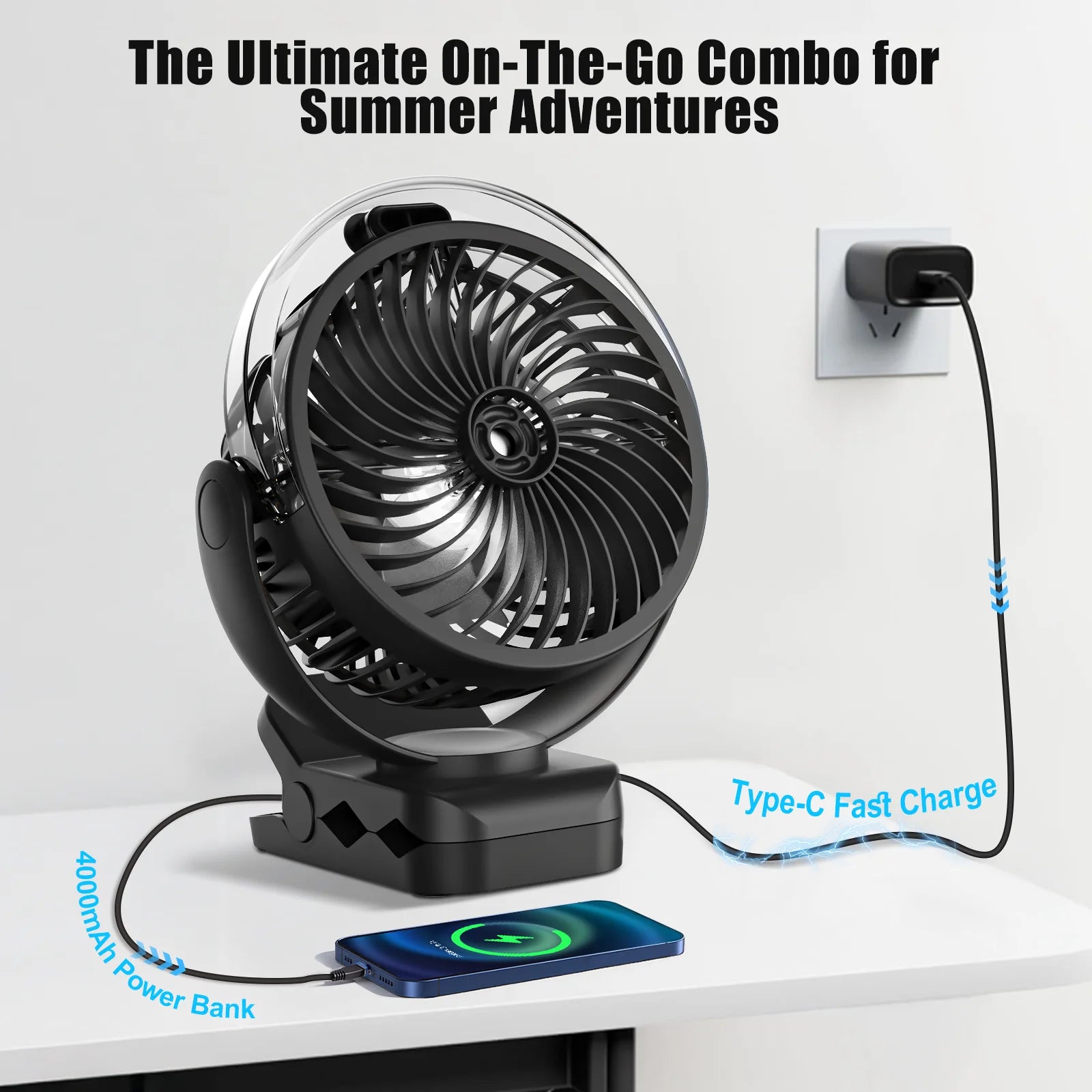 Ventilatore Portatile con Clip e Nebulizzatore, Ricaricabile, 3 Velocità, Display Digitale, Mini Umidificatore, Ventilatore da Scrivania Regolabile con 4000mA