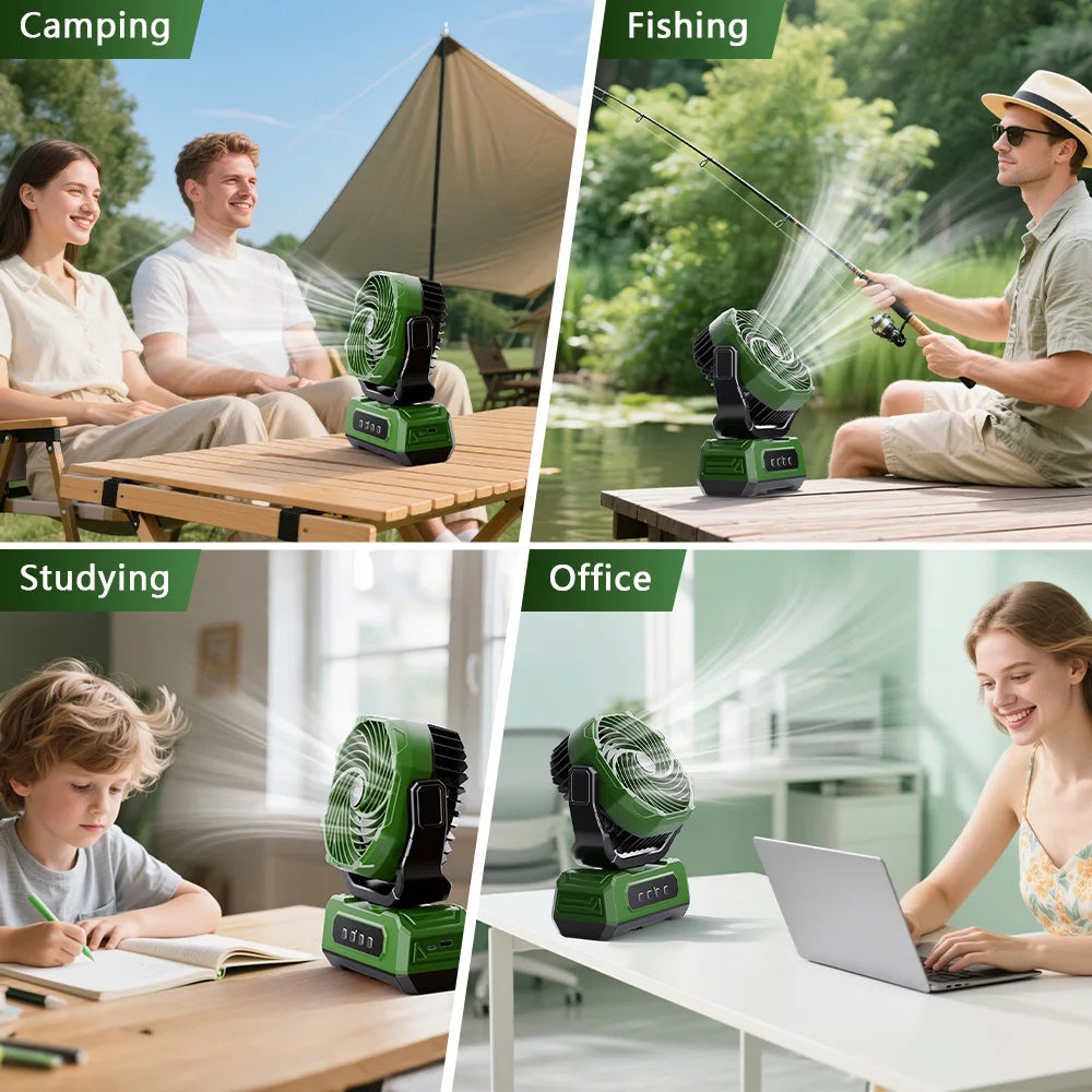 Ventilatore da campeggio portatile ricaricabile da 15000 mAh con lanterna a LED, ventilatore da tavolo a batteria senza fili USB-C, ventilatore personale leggero per viaggi, camera da letto, tenda, pesca, spiaggia, ufficio, c