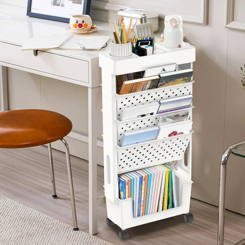 Mobile Bücherablage mit feststellbaren Rollen – Robuster Bücherregalwagen, herausnehmbarer Organizer mit Becherhalter für Zuhause und Büro