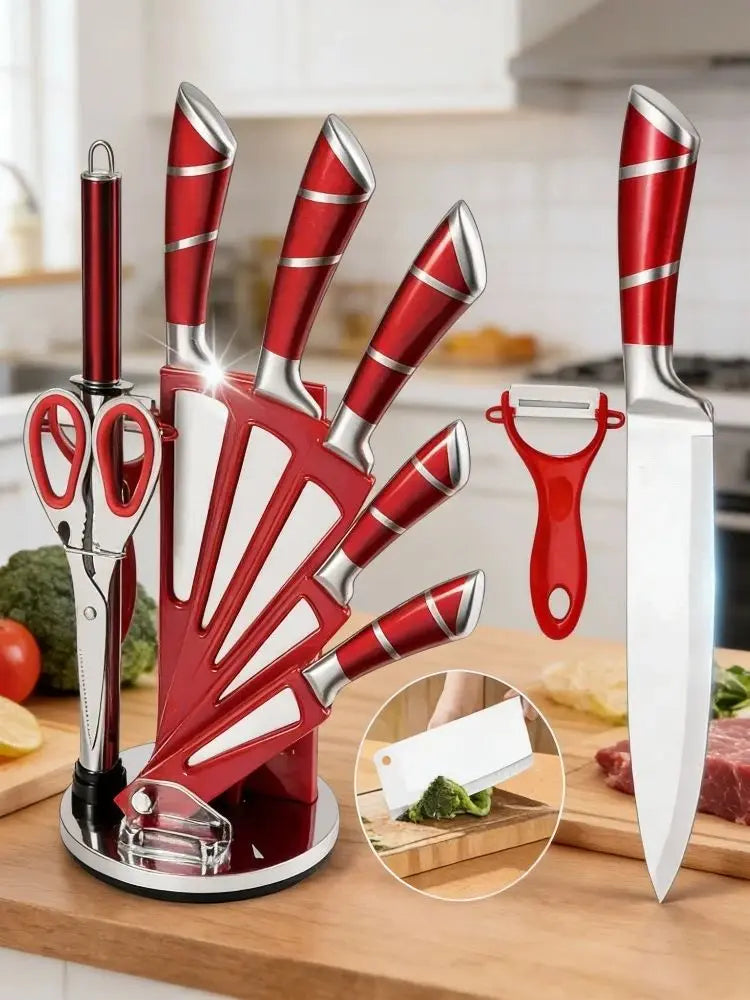 9-teiliges Küchenmesser-Set mit Messerblock, Hohlgriff, Edelstahl, scharfe Kochmesser, für Zuhause, Küche, Restaurant, Geschenkidee