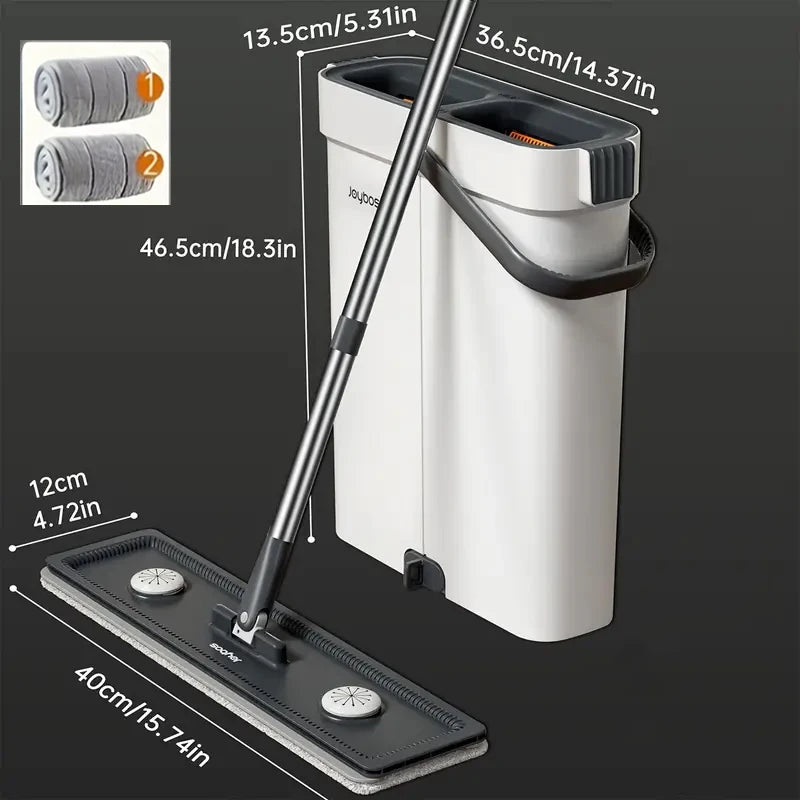 JOYBOS 40cm Flachwischmopp-Set „Hands Free“ mit Eimer, rotierender Bodenreiniger, waschbare Mikrofaser für Bad, WC und Zuhause