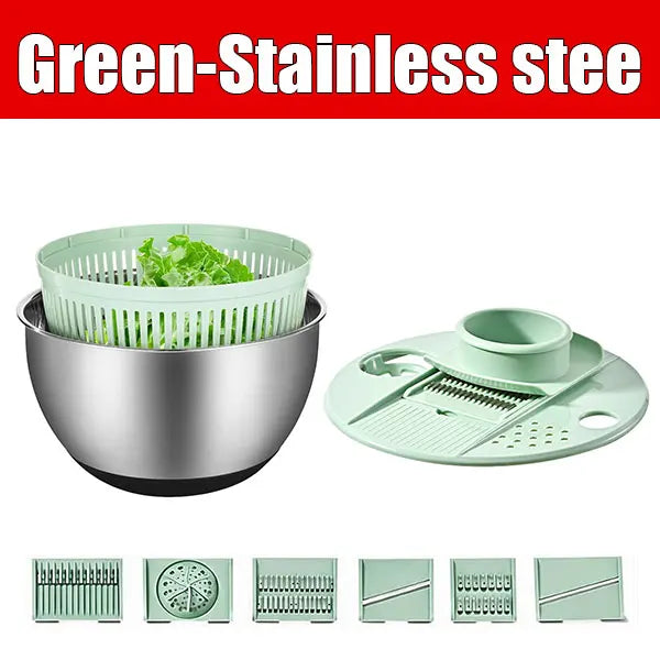 7-teiliges multifunktionales Salatschleuder-Set, Gemüsewascher, Gemüsehacker, Gemüseschneider, Reibe, Salatschüssel mit Deckel, Küchenhelfer