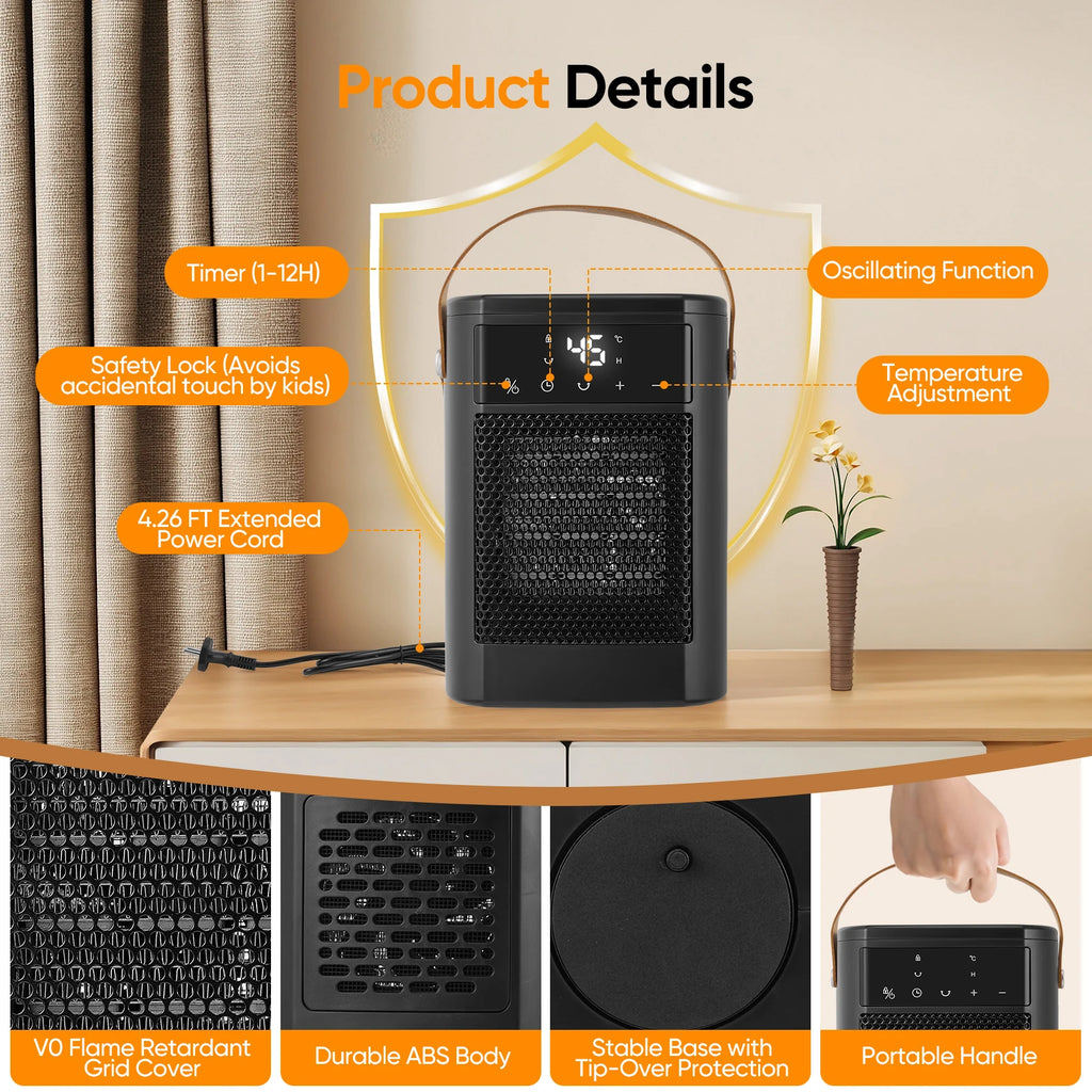 Ventilatore con telecomando, 1500W, 3 modalità di riscaldamento, timer 12H, 70 °   oscillazione, ventola PTC Risparmio energetico, protezione da surriscaldamento inclinabile