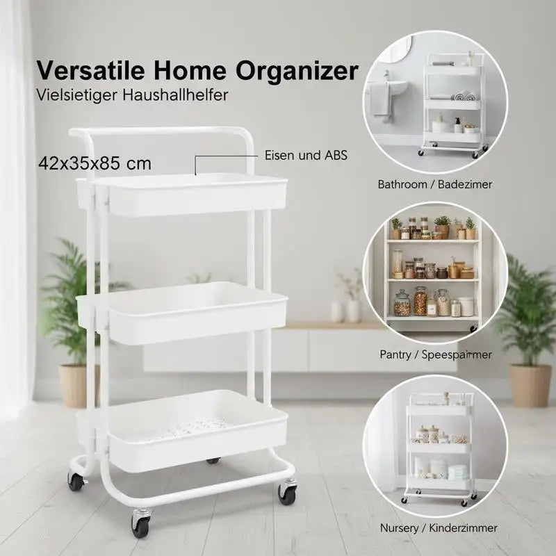 Carrello da cucina bianco a 3 livelli, 42x35x85 cm, materiale in ferro e ABS, stile moderno e semplice, telaio robusto anti-vibrazione, ampio spazio di archiviazione a strati, ruote universali scorrevoli, facile montaggio, sa