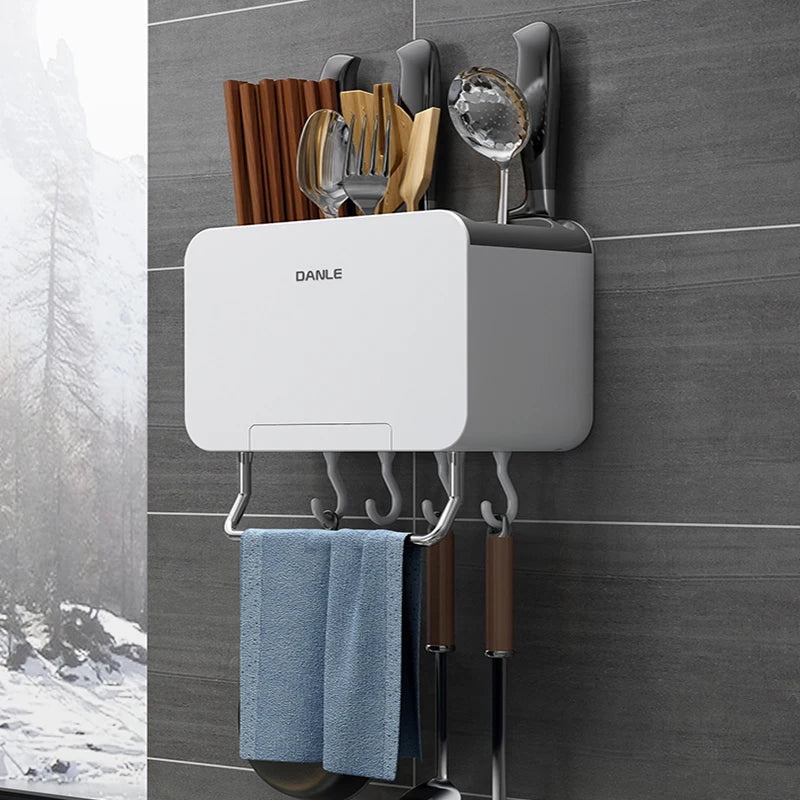 Organizzatore da Parete Multifunzionale per Cucina Senza Foratura, Porta Utensili con Vassoio di Drenaggio Rimovibile e Portasciugamani
