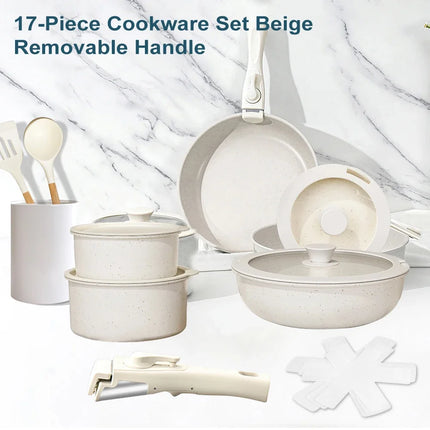 MDHAND 17 pezzi Set di pentole e padelle beige Set di pentole antiaderenti Manico rimovibile con padelle e pentole Set di pentole da cucina