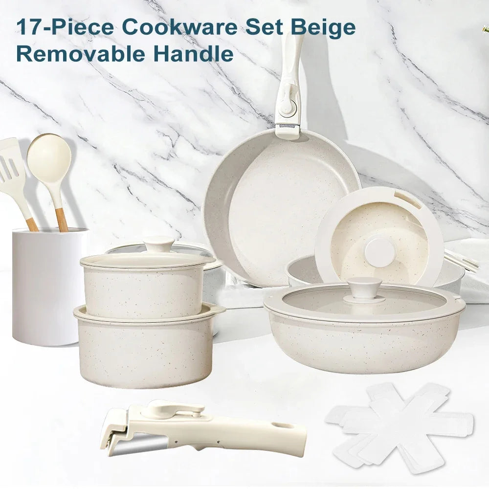 MDHAND 17 pezzi Set di pentole e padelle beige Set di pentole antiaderenti Manico rimovibile con padelle e padelle Set di pentole da cucina