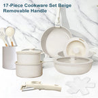 MDHAND 17 pezzi Set di pentole e padelle beige Set di pentole antiaderenti Manico rimovibile con padelle e padelle Set di pentole da cucina