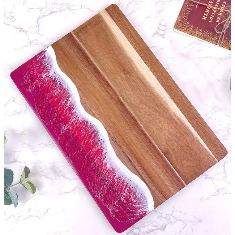 Schneidebrett aus Akazienholz mit gewelltem Harz in rosa Farbe, Challah-Schneidebrett für die Küche, Essenszubereitung, Serviertablett, Käseschneidebrett aus Holz