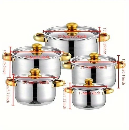 Set di pentole in acciaio inossidabile dorato da 5 pezzi stufe compatibili multiuso, antiaderenti, resistenti ai graffi e lavabili in lavastoviglie