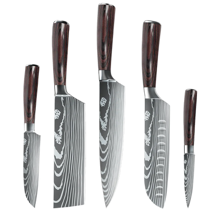 Set of 5 kitchen knives with laser Damask pattern, 7Cr17 steel, sharp, rust-resistant, wooden handle, gift box with fastening strap