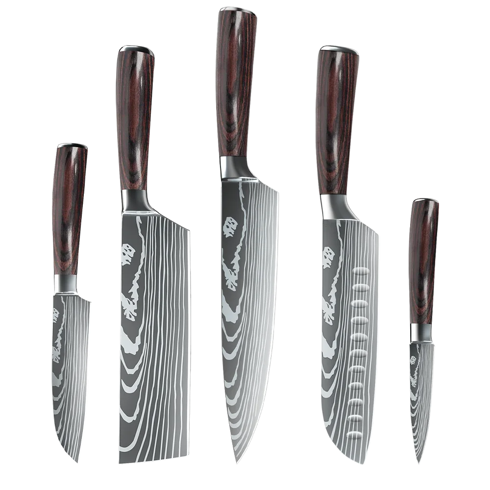 5-teiliges Küchenmesserset mit lasergeätztem Damastmuster, 7Cr17-Stahl, scharf, rostbeständig, Holzgriff, Geschenkbox mit Befestigungsgurt