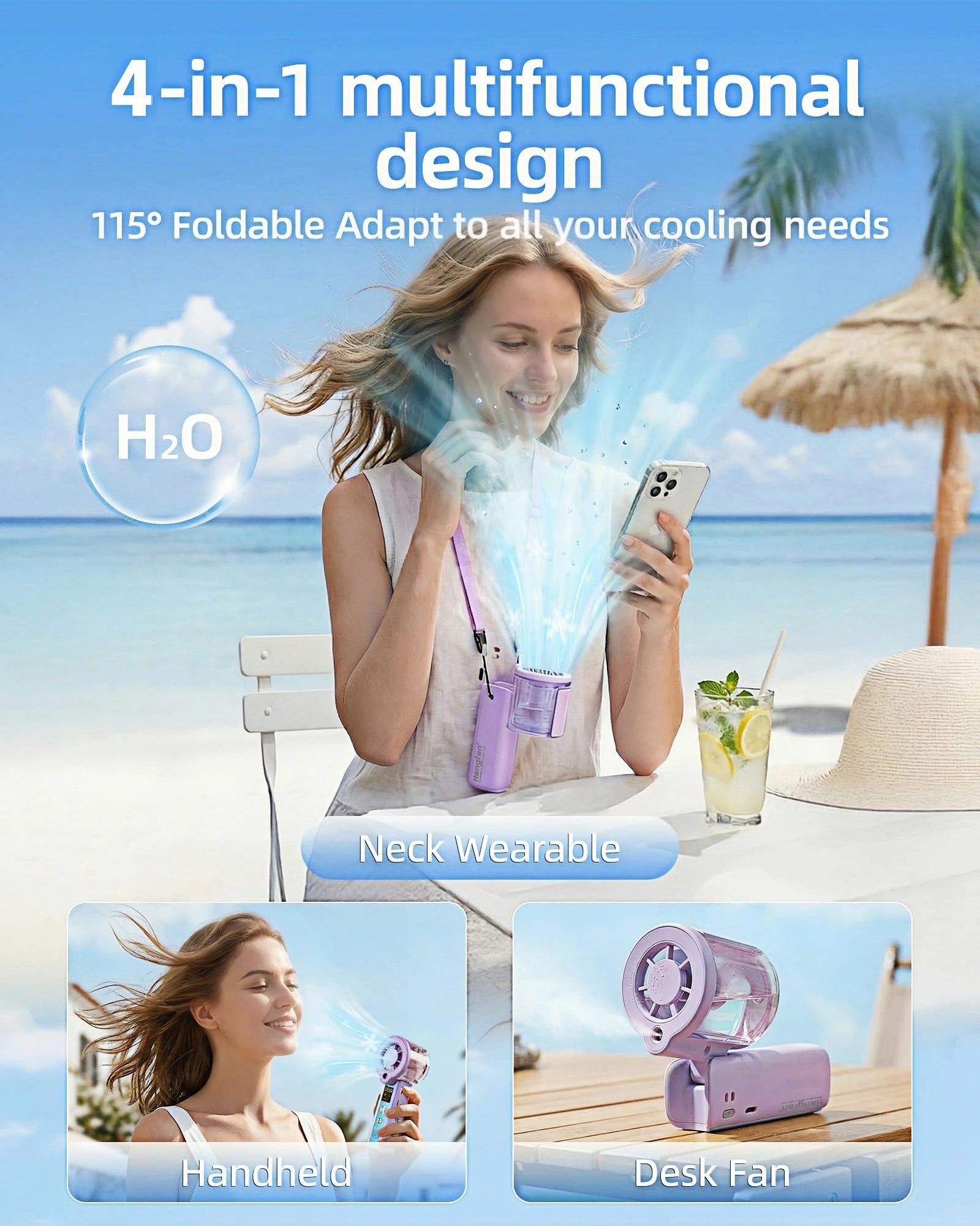 Ventilatore portatile a spruzzo 4 in 1, ventilatore ricaricabile a batteria USB ultra-grande, regolabile a 100 corse, mini ventilatore, ventilatore personale pieghevole, schermo LED, per trucco / concerti (lila)