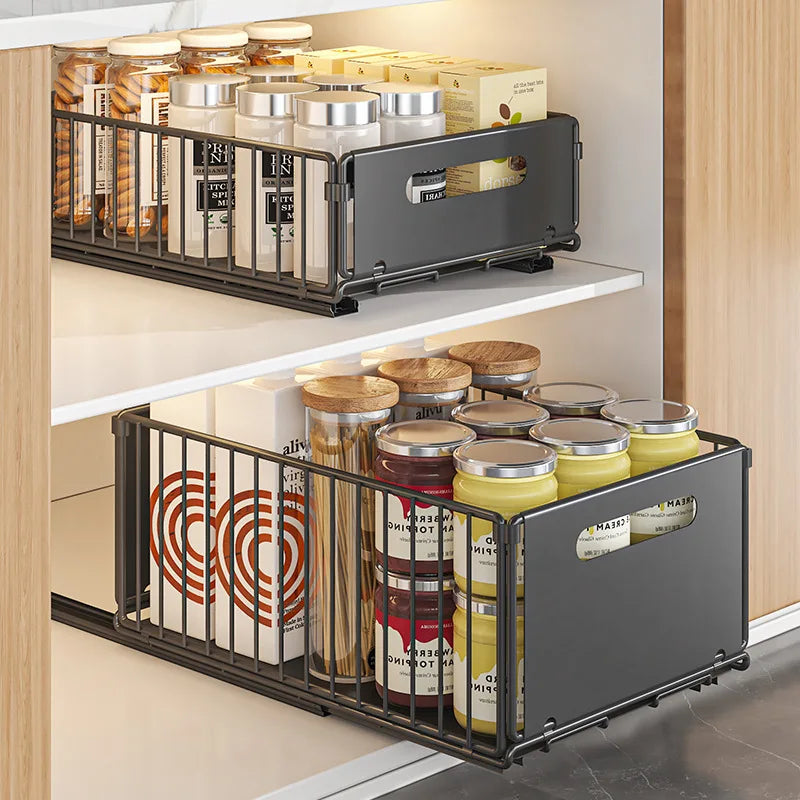 Set di Scaffali per Cucina con Guide Scorrevoli, Vassoio Estraibile Tipo Cassetto, Contenitore per Spezie, Organizzatore per Armadietti