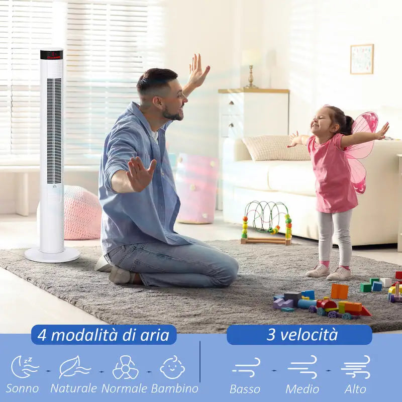 Ventilatore a colonna bianco con 3 velocità e 4 modalità di ventilazione, timer programmabile 12 ore, pannello di controllo LED e telecomando, oscillazione automatica per raffreddare uniformemente casa e ufficio 31,5 x 31,5