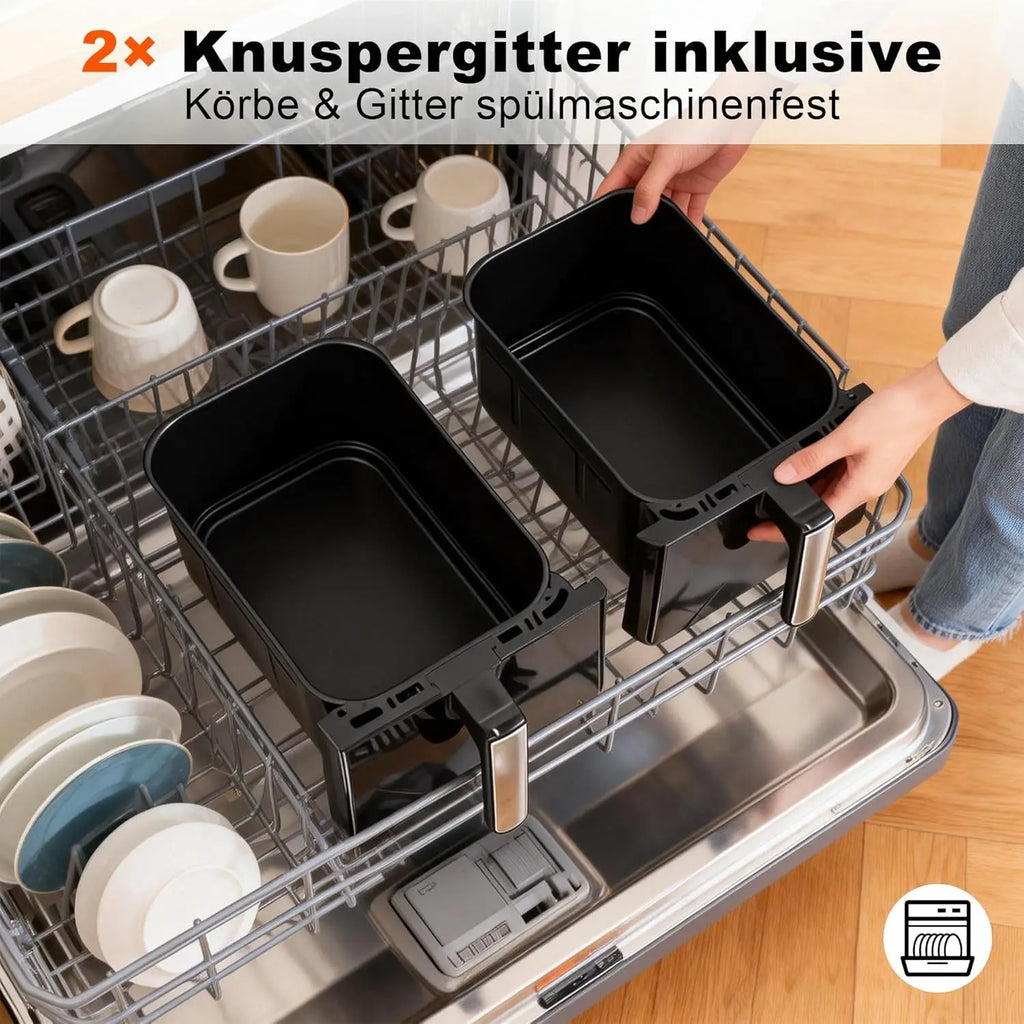 Doppelkorb-Heißluftfritteuse 5+5L, intelligenter Touchscreen, Sichtfenster und einstellbare Bedienelemente, 2200W