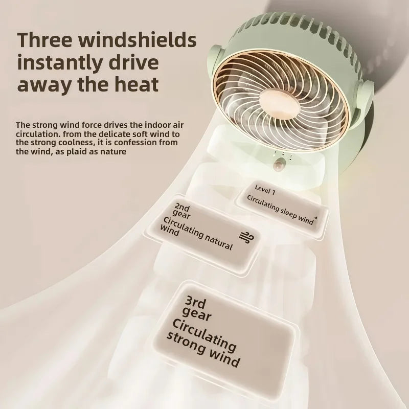Ventilatore da tavolo ricaricabile con oscillazione, 3 velocità, USB, silenzioso, alimentato a batteria Bianco Verde